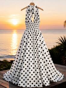 GlowEve CURVE Robe longue grande taille en tissu tissé à pois, col ras-du-cou, encolure en V, design à nouer, sans manches, taille haute, drapée, ourlet trapèze, élégante, vintage, style français léger, pour plage, vacances, après-midi thé, rendez-vous, fête, mode printemps-été - Noir et Blanc - Voir 2