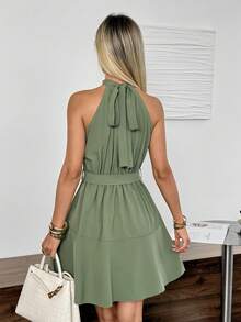 Easowa Halter Neck Frill Trim Tie Cinched Waist Hem A-Line Umbrella Skirt Sleeveless Elegant Summer Women Mini Dress Sage Green Garden Party Brunch Tea Party - Green - View 3