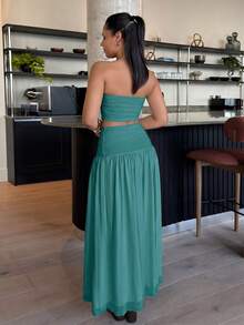 leahseptember 女款網紗純色抹胸上衣與長裙兩件套 優雅 - 青碧色 - 查看 5