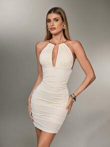 Nuvra Ärmellose Damen Shapewear Kleid mit Trägerhalsausschnitt und doppelter Lage, schlankende Taille & hebende Popartie, langes Bodycon Kleid - Gold - Übersicht 4