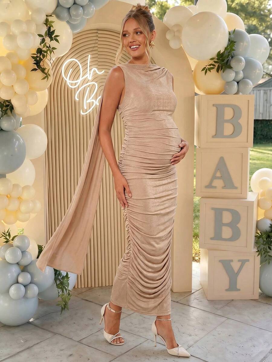 Loomaby Elegant Ruched Fitted Party Dress For Pregnant Women Dress Gender Reveal Dress Maternity Dress Baby Shower Dress - Apricot - View 1