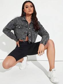 SHEIN Essnce 女款單排扣休閒百搭日常牛仔夾克 - 深灰色 - 查看 4