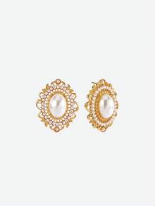 Opalesca 18K 时尚优雅复古镂空镶钻花朵耳环，适合搭配各种服饰，尽显复古韵味，亦可用于婚礼/新娘配饰、西式珠宝、仙女风/精灵风、珍珠元素，适合秋冬季节，送给妈妈/女士/女孩/母亲，优雅别致 - 金色 - 查看 5