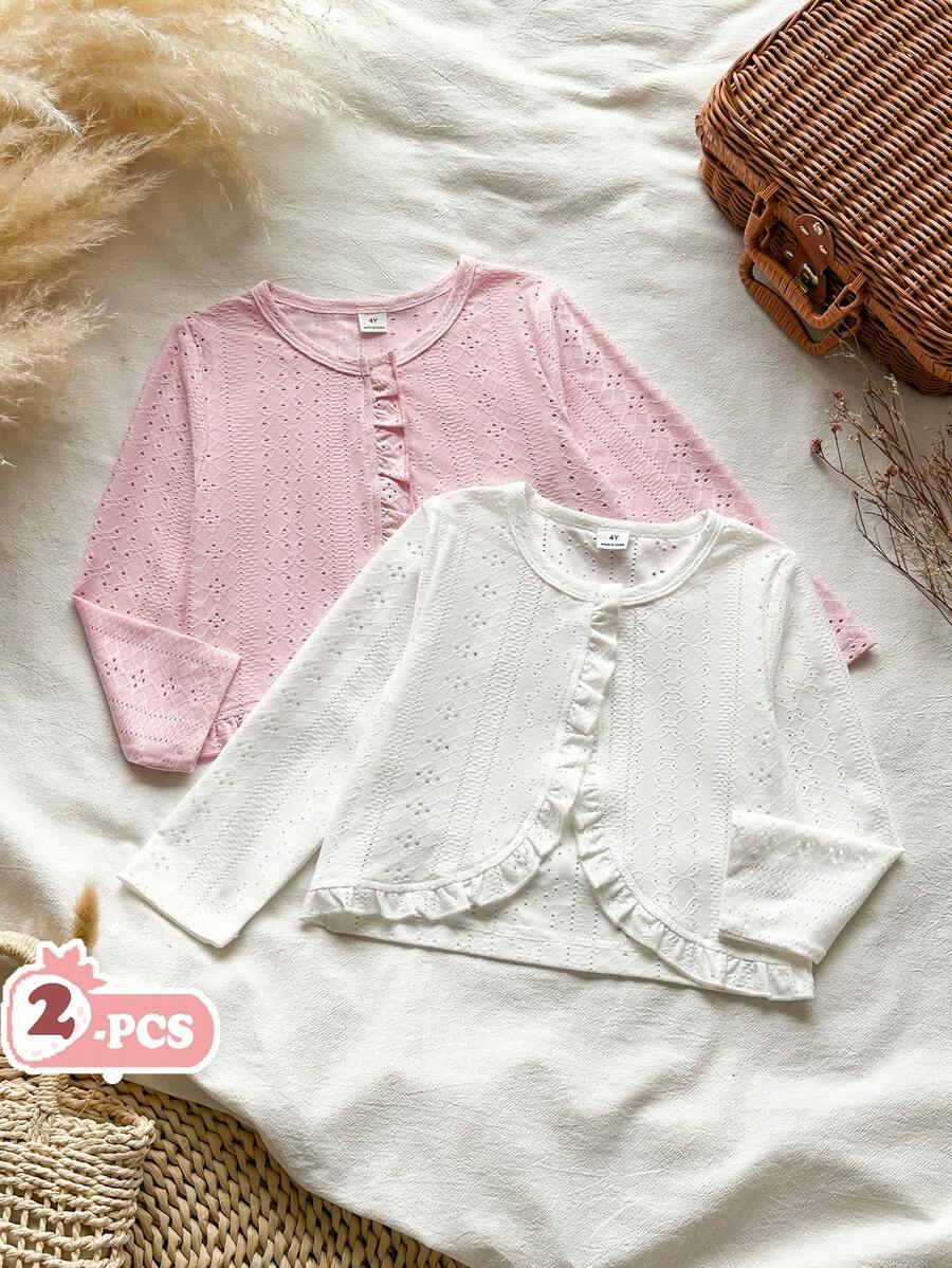 SHEIN Vintaside Kids 2件組少女純色長袖針織開襟衫,簡約風格,適合春夏休閒日常穿著 - 彩色 - 查看 1
