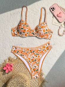 SHEIN Swim 女士夏季海滩花卉印花性感比基尼套装（带衬垫）带随机印花，两件套比基尼套装，可爱泳衣 - 彩色 - 查看 4