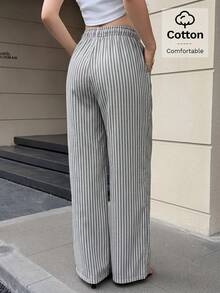 Feyla Celana Palazzo Katun Bergaris Abu-abu Putih Wanita, Pinggang Tinggi, Elastis, Tali Serut, Potongan Longgar, Bernapas, Nyaman untuk Bersantai dan Bepergian - MultiWarna - View 8
