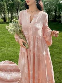 Yasmyna Spring/Summer Gentle Style Yellow V-Neck Embroidered Long Sleeve Loose Slimming Flared Elegant Casual Vacation Dress For Women - Dusty Pink - View 6