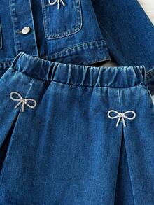 Girls' Autumn/Spring Denim 2-Piece Set, Baby Blue Washed Denim Jacket With Pockets, Rhinestone Bow, High-Waist A-Line Skirt, Pleated Design, School - Blue - View 7