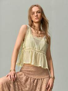 SHEIN Women's Square Neck Lace Trim Patchwork Tie-Up Elegant Fashion Versatile Tank Top - Yellow - View 7