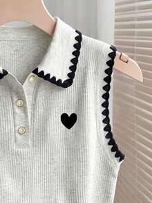 Franclia 黑色狗牙領心形刺繡修身羅紋灰色針織無袖 Polo 背心 - 彩色 - 查看 3