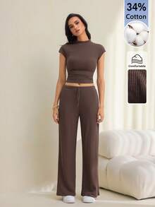 SHEIN Tall 女款純色立領短袖上衣與長褲休閒兩件套 - 棕色 - 查看 3