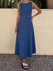 Livesso Women's Autumn Cotton Round Neck Loose Casual Solid Color Button Tie Denim Dress For Vacation And Holiday Vacation Aqua Blue - Blue - View 6