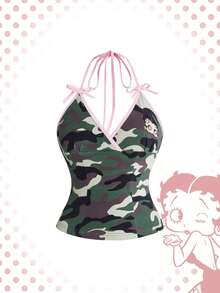 Betty Boop | ROMWE Camiseta de tirantes finos con estampado de camuflaje y contraste de colores, en colaboración - Multicolor - Ver 1