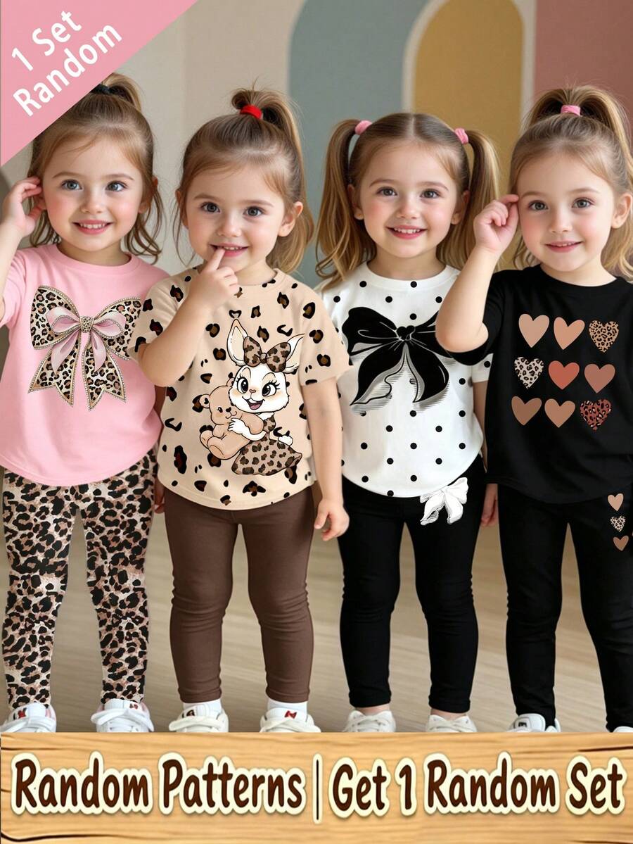 (Random Pattern, 1 Set Random) Baby Girl Glitter Leopard Print Heart Bow Rabbit Cartoon Pattern Basic Short T-Shirt And Leggings Set - Multicolor - View 1