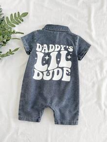 SHEIN Vintaside Kids 男嬰夏季卡通文字短袖連身衣連身褲 - 藍白色 - 查看 3