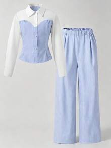 Tween Girls Fall Outfits 2pcs/Set Classic Collared White Sleeve Patchwork Navy Blue Top Waist-Cinched Cut Crisp Short Length For Teachers' Day Scho... - Blue - View 3