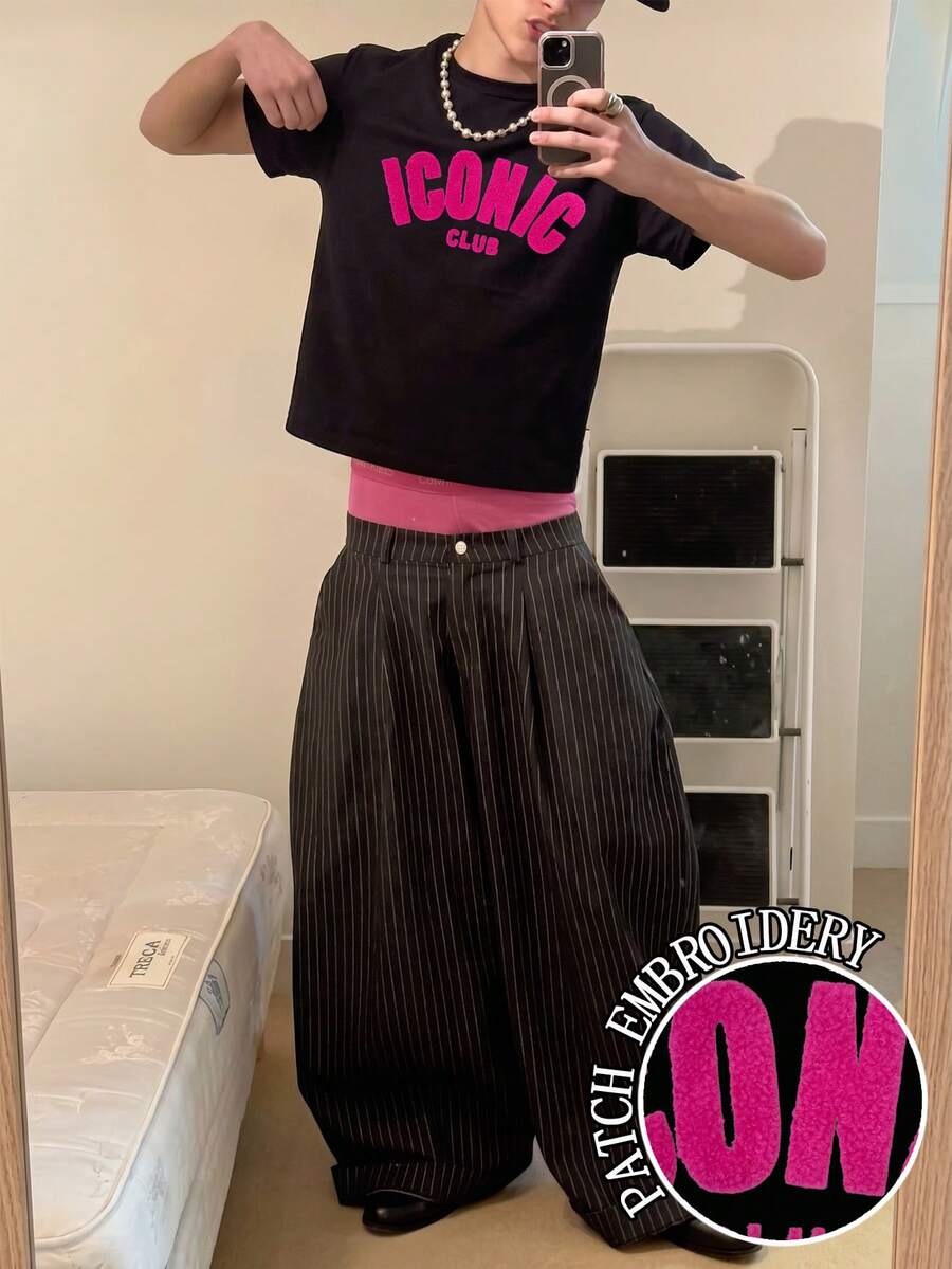 Resyla Men 男士時尚極簡字母貼布圓領短袖T恤 - 黑色 - 查看 1
