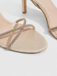 CUCCOO SZL Multi-Colored Rhinestone Cross With Round Toe Thin Heel Buckle Sandals Exquisite Party Style Spring And Summer Models - Champagne - View 5