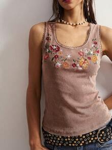 Bohemela Casual Boho Solid Color Knit Sleeveless Fitted Embroidered Tank Top For Women Vacation Brown Floral Summer - Brown - View 3