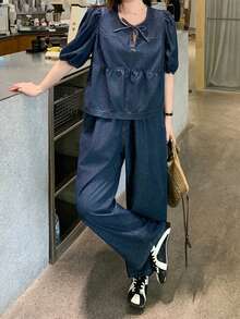 Dazy Plus Dark Washed Blue Puff Sleeve Loose Top & Casual Long Denim Pants Plus Size Women's Vacation Style Denim Set, Spring/Summer - Dark Wash - View 4