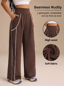 SHEIN Sports Celana Olahraga Wanita Motif Garis-Garis dengan Blok Warna dan Lipatan serta Kantong - Coffee Brown - View 1