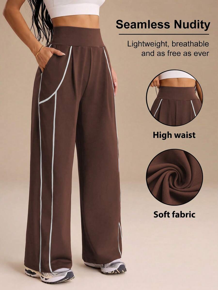SHEIN Sports Celana Olahraga Wanita Motif Garis-Garis dengan Blok Warna dan Lipatan serta Kantong - Coffee Brown - View 1