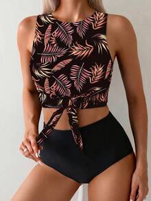 Swim Lushoire 女款葉子印花坦克比基尼上衣與三角比基尼褲兩件式泳衣套裝，適合夏季度假與海灘 - 酒紅色 - 查看 3