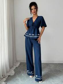 Elenzga Women's Navy Blue Floral 2 Pieces Set,Summer Tropical Holiday Tea Party Vacation,V-Neck Tie Bow Top & Elastic Waist Printed Hem Linen Pants Outfits - Navy Blue - View 5
