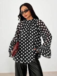 SHEIN PETITE Women's Black And White Polka Dot Blouse With Wide Ruffled Sleeves Lace Details - Elegant Retro Long Sleeve Top For Autumn Business Casual Wear Office - Black and White - View 6