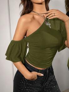 SHEIN ICON Atasan Wanita Warna Polos dengan Bahu Asimetris dan Ruffle Lengan Pendek - Hijau Tentara - View 10