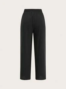 SHEIN Tall CURVE 大尺碼女款純色腰綁帶休閒寬鬆長褲 - 黑色 - 查看 9