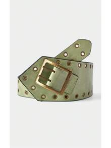 Noxbound 1pc Vintage Wide Waist Belt For Women, Fashionable Rivet Waistband - Green - View 4