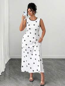 SHEIN Clasi Plus Size Women's Floral Print Round Neck Sleeveless Casual Cute Elegant Dress Brunch Dates White Summer - Black and White - View 1