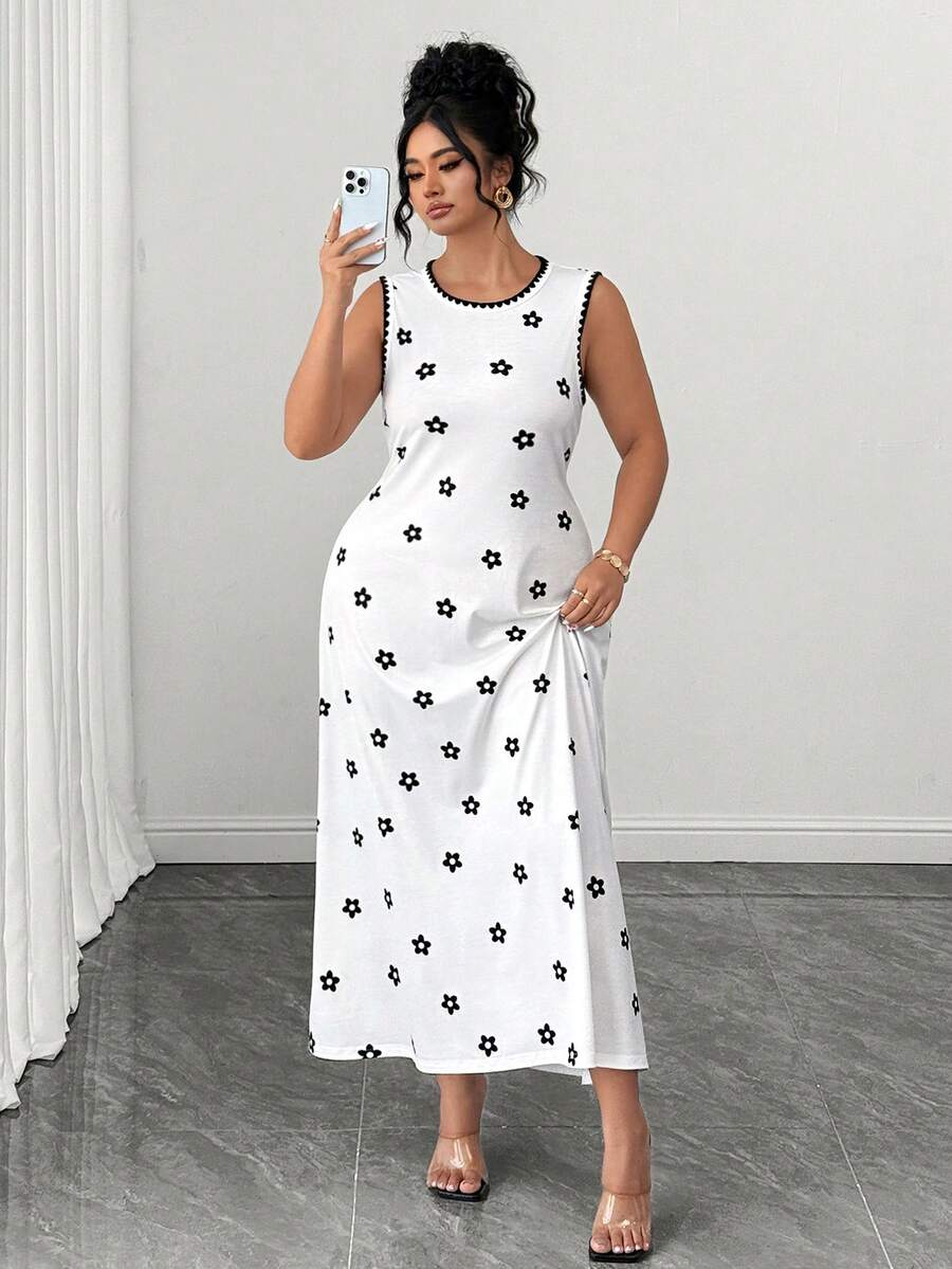 SHEIN Clasi Plus Size Women's Floral Print Round Neck Sleeveless Casual Cute Elegant Dress Brunch Dates White Summer - Black and White - View 1