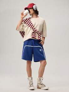 Loose Fit Men's Letter Embossed Drop Shoulder T-Shirt, Fall Fleece - Apricot - View 2