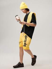 Manfinity Streetrush Men's Yellow,Summer,Streetwear,City Break Knit Shorts,Graphic Letter&Star Pattern,Elastic Waist Drawstring Pocket,2000s Emo Style - Yellow - View 2
