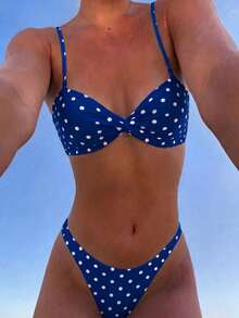 Swim Mod 女款 2 件組藍色波點比基尼套裝，優雅扭轉前胸式比基尼上衣與高衩下褲，適合夏季熱帶度假、泳池派對與旅行，甜美復古風 - 藍色 - 查看 2