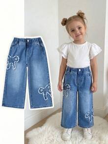 Girls' Versatile Casual Cute Sweet Cool Bow Embroidery Patchwork Loose Straight Leg Washed Denim Jeans, Suitable For Daily Wear, School, Campus, Outings, Dates And More - Medium Wash - View 3