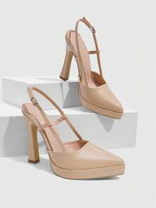CUCCOO SZL Damen Outdoor Pumps mit spitzer Zehenpartie, hohem Absatz, dicker Sohle, glänzendem PU-Stoff, modisch minimalistisch, für Party und Bankett, mit Schnallenriemen und Slingback-Design - Nackt - Übersicht 1