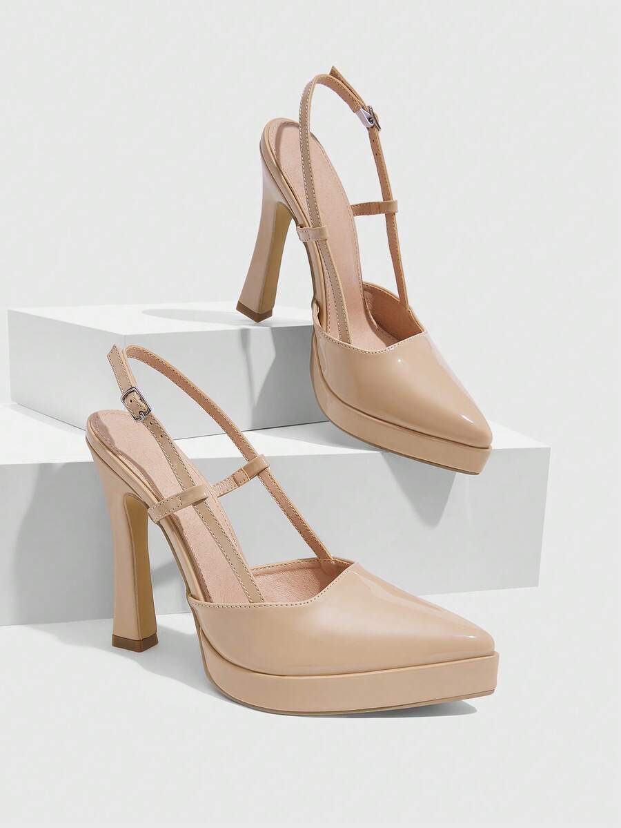 CUCCOO SZL Damen Outdoor Pumps mit spitzer Zehenpartie, hohem Absatz, dicker Sohle, glänzendem PU-Stoff, modisch minimalistisch, für Party und Bankett, mit Schnallenriemen und Slingback-Design - Nackt - Übersicht 1