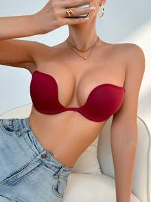 SHEIN 1件性感鋼圈聚攏胸罩 - 酒紅色 - 查看 5
