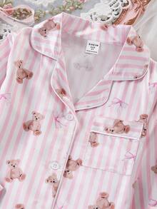 Genkimix Kids 女童緞面蝴蝶結印花長袖開襟衫與長褲 2 件套居家服 春/秋季 - 粉色 - 查看 5