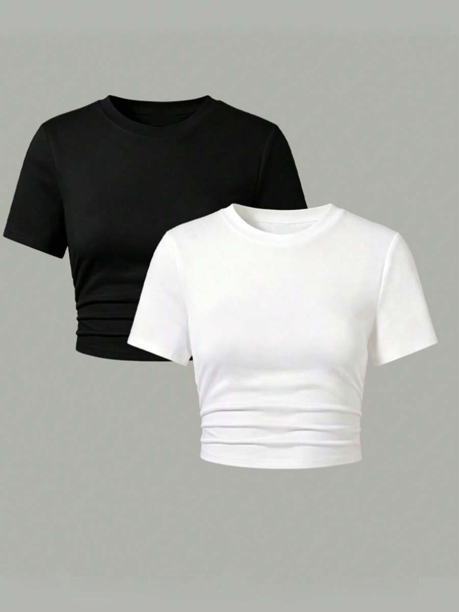 SHEIN 女童白色與黑色2件組短版T恤套裝,休閒極簡經典百搭,適合春夏秋冬,完美適用於外出與街頭穿搭,四季百搭 - 彩色 - 查看 1