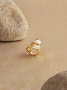 Opalesca Women Open Ring,Outfits,Old Money,Beaded,Wedding/Bridal Accessories,Fairycore/Fairy,Pearl,Flower,Fall/Autumn/Winter,For Mom/Women/Girl/Mother,Elegant,Premium - Gold - View 2