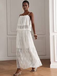 Korevelle Summer Autumn Spaghetti Strap Square Neck Lace Hollow-Out Ruffle Layered Loose White Women's 2 Pieces Set Wedding Vacation Tea Party Romantic - White - View 5