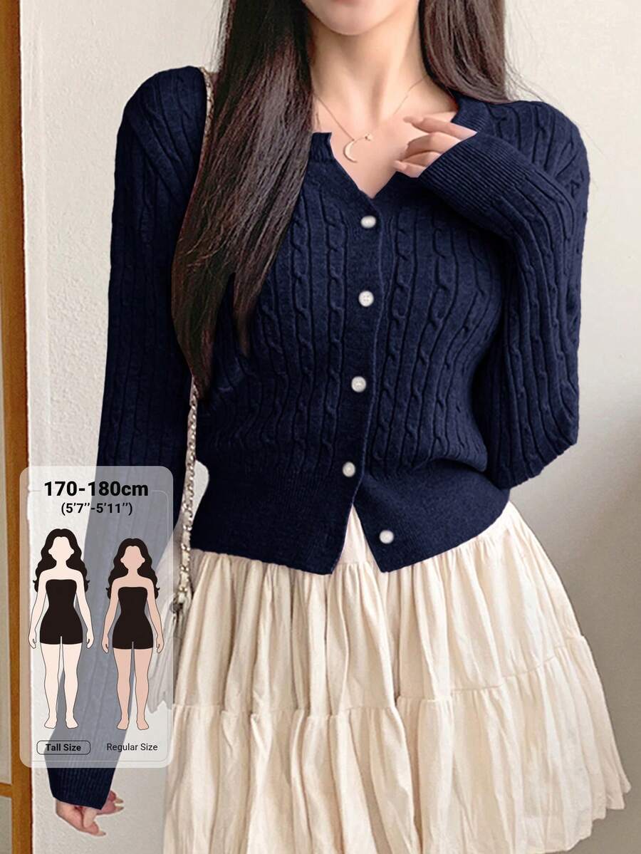 Dazy Tall 女款圓領修身內搭開襟休閒針織開襟衫校園風 - 藏蓝色 - 查看 1