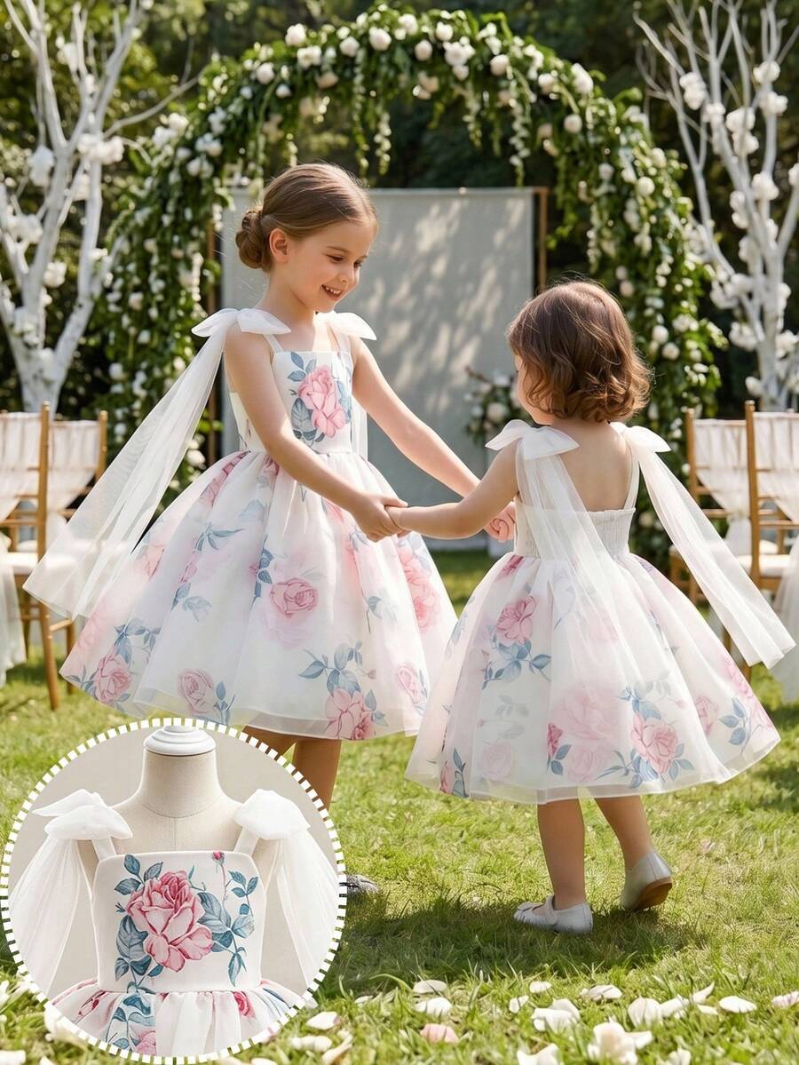 Glamorique Kids 女童白色歐根紗花卉印花細肩帶洋裝，肩部蝴蝶結、後背繫帶與荷葉邊設計，生日派對禮服