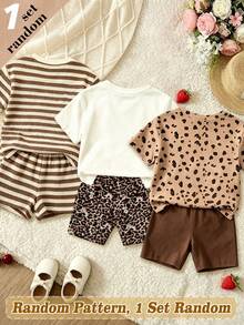 SHEIN Vintaside Kids (Random 3 Sets,Send 1 Set)Baby Girl Glitter Leopard Print Heart Bow Rabbit Flower Striped Pattern Basic Short T-Shirt & Cycling Shorts 2-Piece Set - Multicolor - View 2