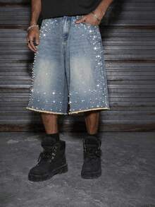 AXEPEAK Men's Black Washed Rhinestone StuddedBermuda Shorts - Medium Wash - View 1
