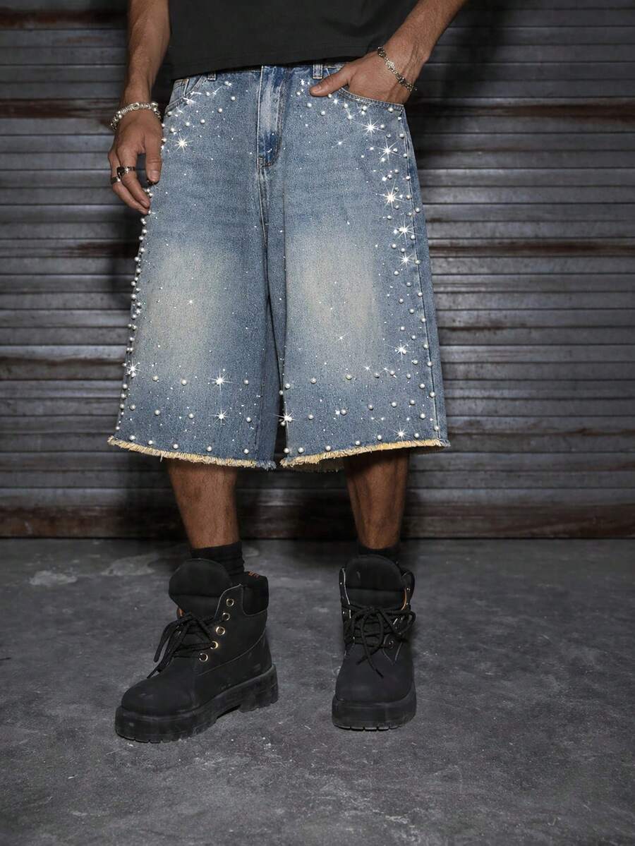 AXEPEAK Men's Black Washed Rhinestone StuddedBermuda Shorts - Medium Wash - View 1